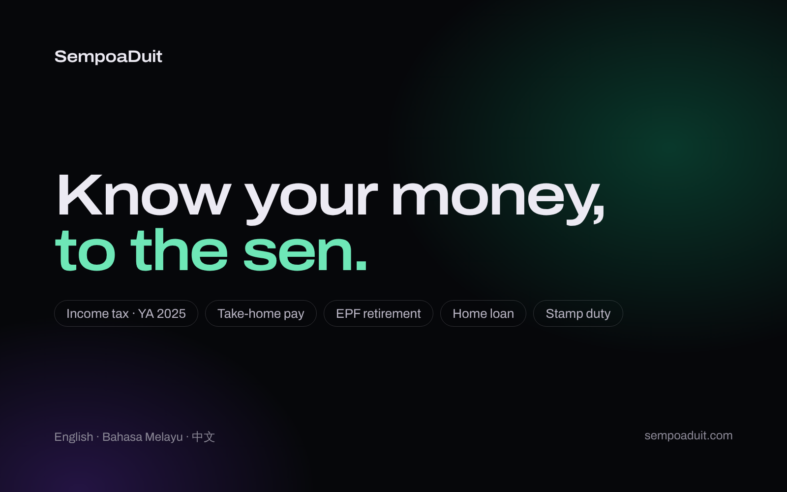 SempoaDuit cover: the tagline “Know your money, to the sen.” with its five calculators listed